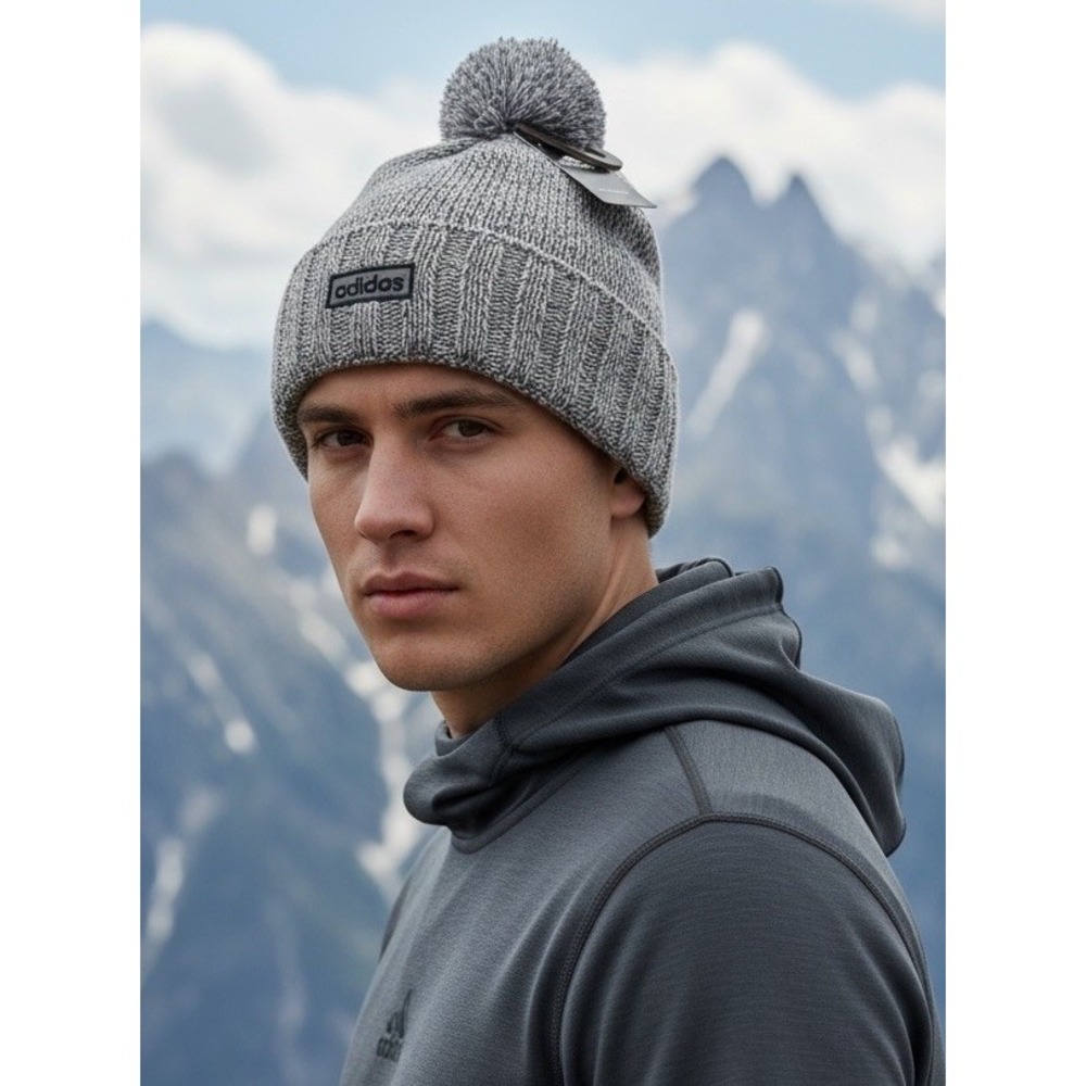 Adidas Men's Grey/White Pom Pom Winter Fleece Lined Beanie Hat Cap Toboggan NWT